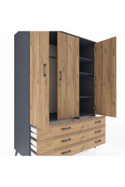 Kronos Dolap 5 Raflı 6 Çekmeceli Tek Askılı 132x59x195 Antrasit-Çam/Çam