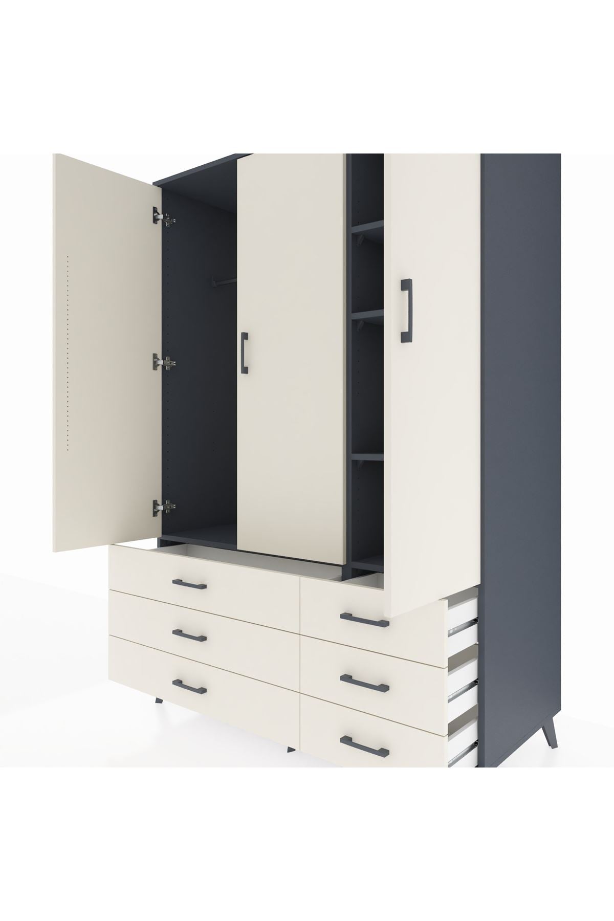 Kronos Dolap 5 Raflı 6 Çekmeceli Tek Askılı 132x59x195 Antrasit-Aytaşı/Aytaşı