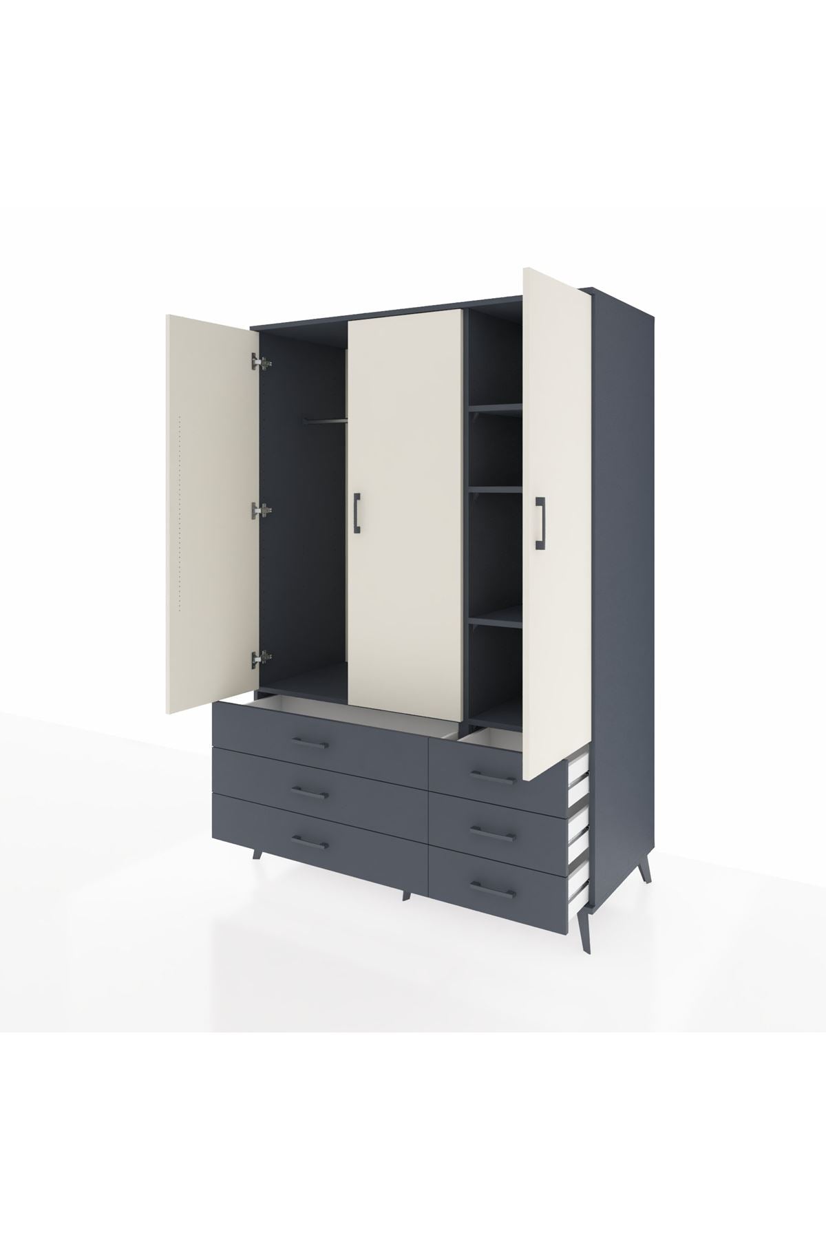 Kronos Dolap 5 Raflı 6 Çekmeceli Tek Askılı 132x59x195 Antrasit-Aytaşı/Antrasit