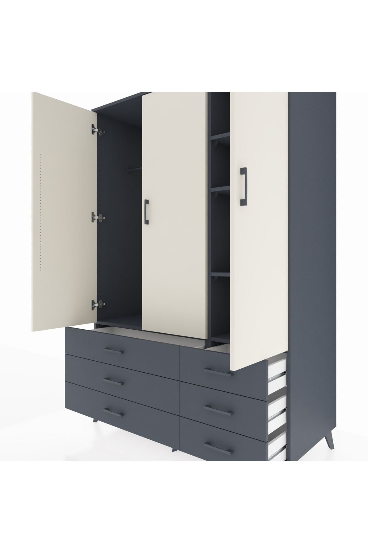Kronos Dolap 5 Raflı 6 Çekmeceli Tek Askılı 132x59x195 Antrasit-Aytaşı/Antrasit