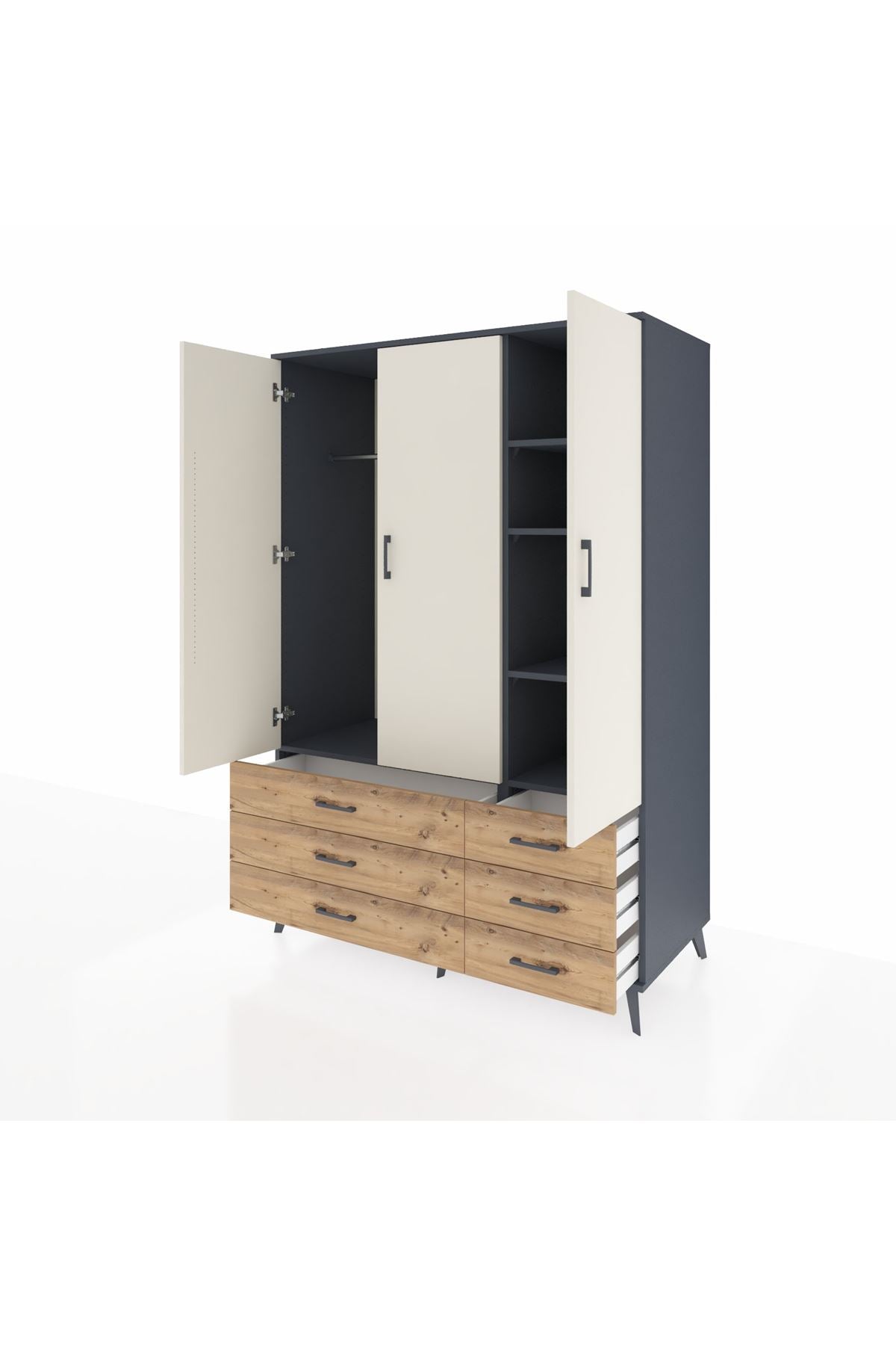 Kronos Dolap 5 Raflı 6 Çekmeceli Tek Askılı 132x59x195 Antrasit-Aytaşı/Çam