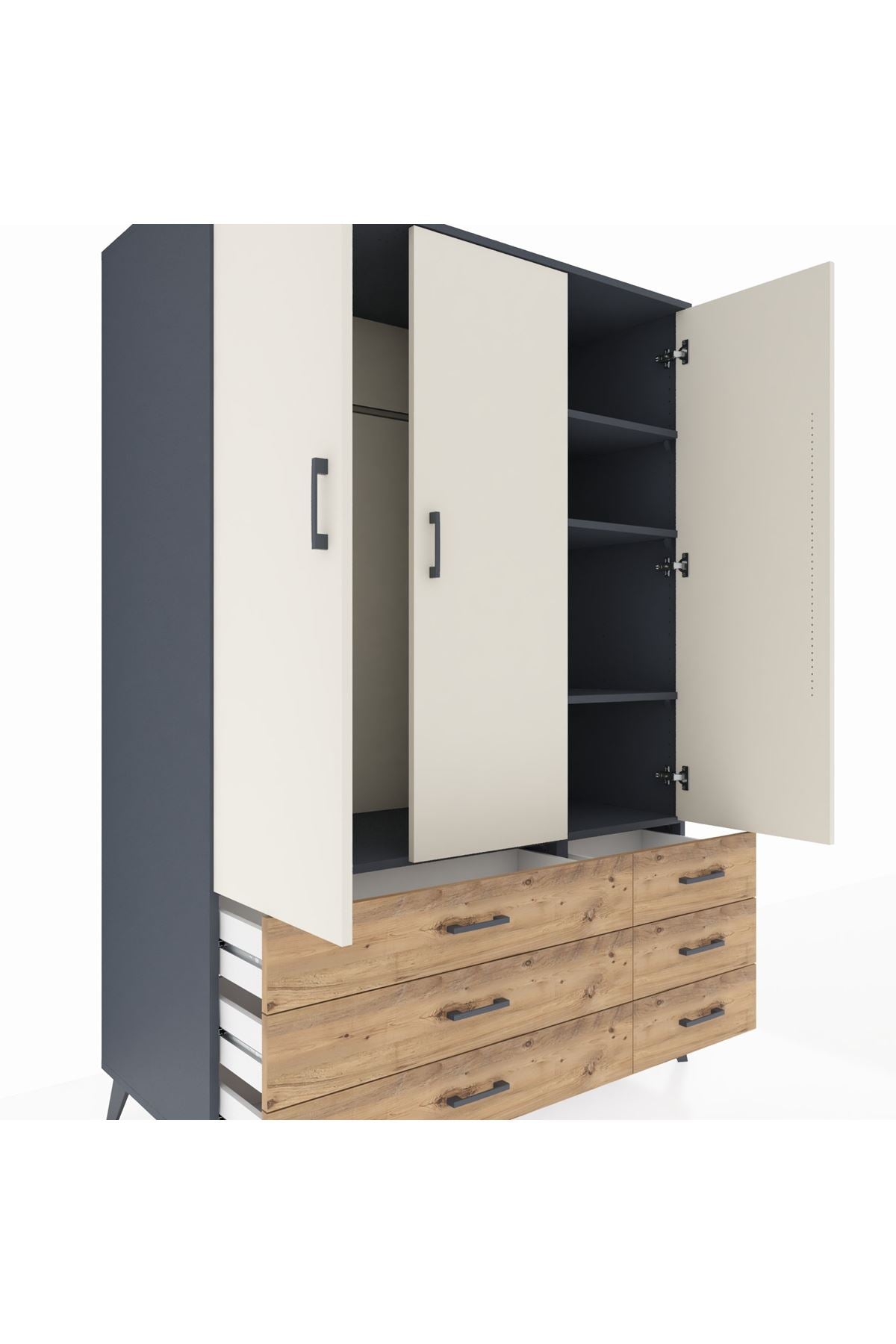 Kronos Dolap 5 Raflı 6 Çekmeceli Tek Askılı 132x59x195 Antrasit-Aytaşı/Çam