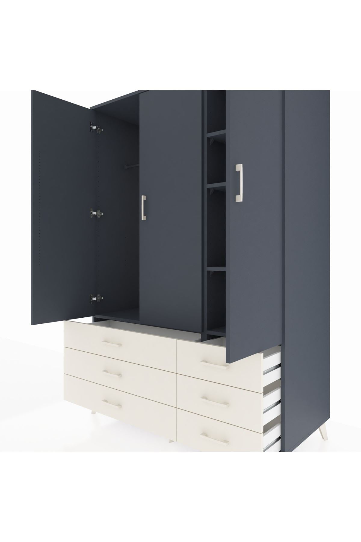 Kronos Dolap 5 Raflı 6 Çekmeceli Tek Askılı 132x59x195 Antrasit-Antrasit/Aytaşı
