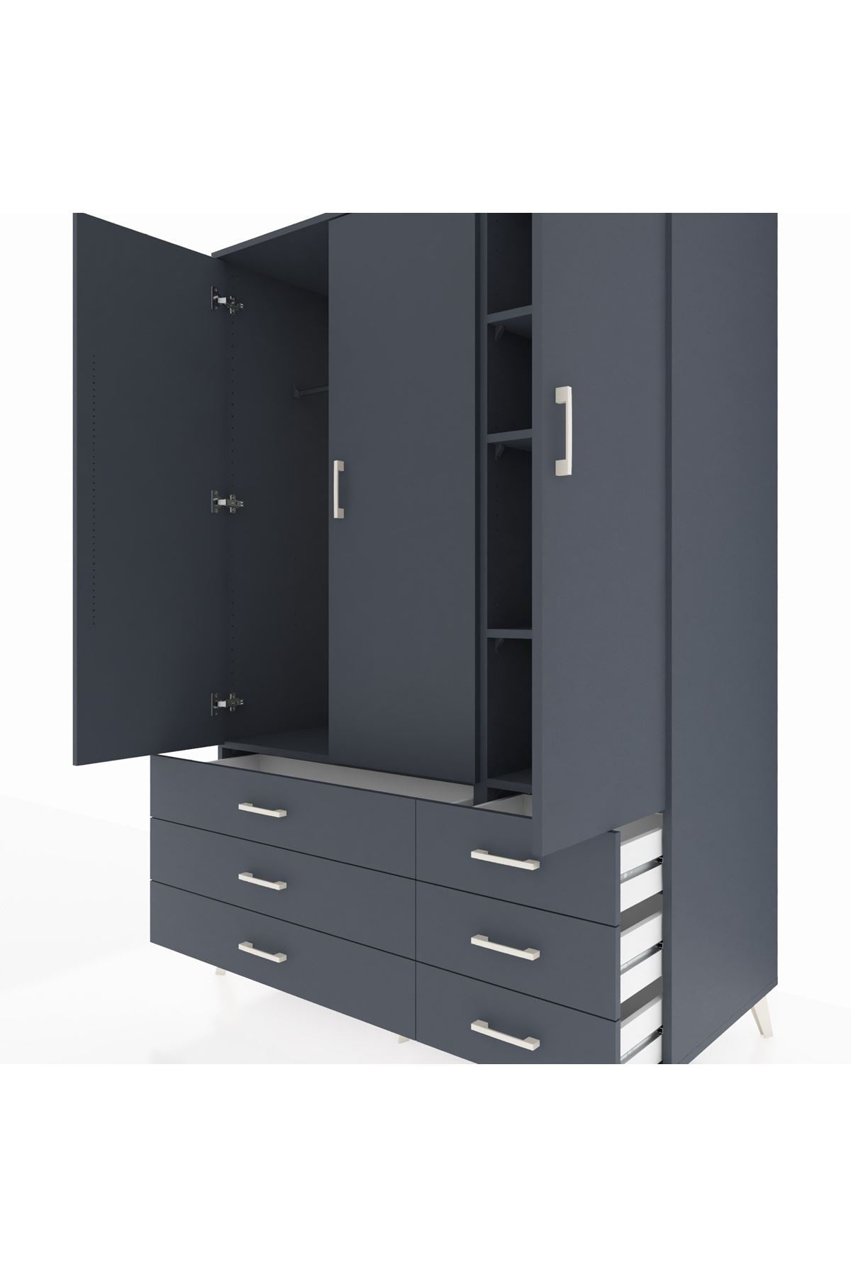 Kronos Dolap 5 Raflı 6 Çekmeceli Tek Askılı 132x59x195 Antrasit-Antrasit/Antrasit