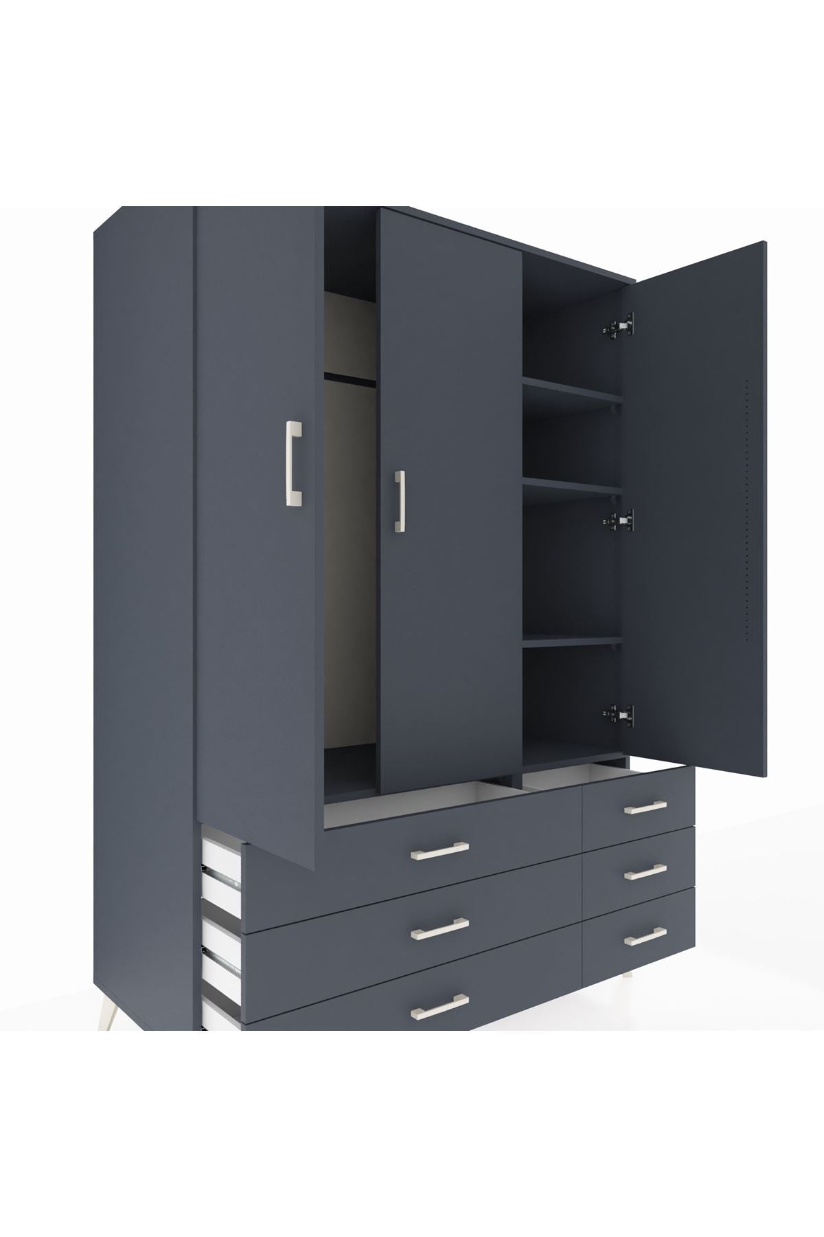 Kronos Dolap 5 Raflı 6 Çekmeceli Tek Askılı 132x59x195 Antrasit-Antrasit/Antrasit