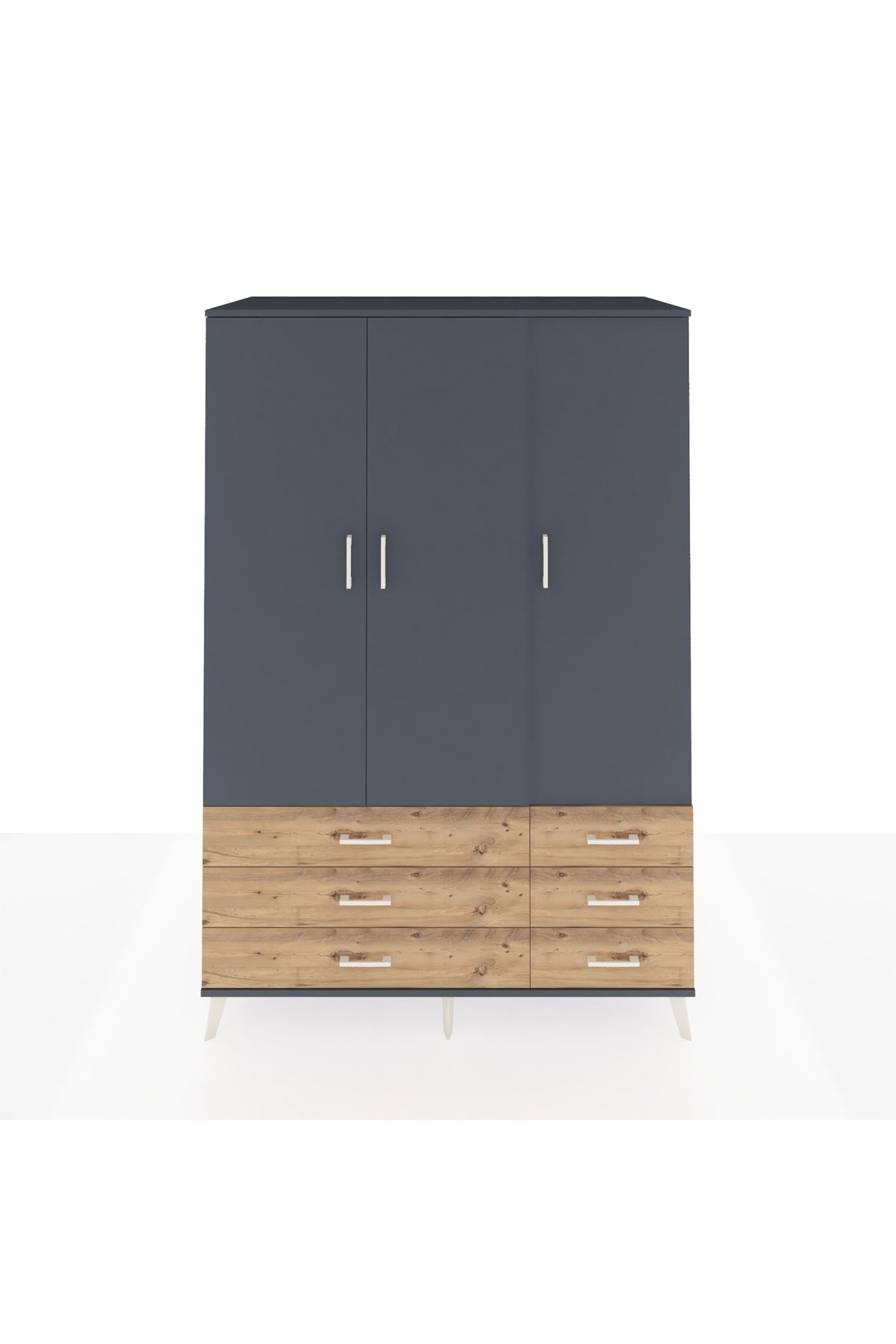 Kronos Dolap 5 Raflı 6 Çekmeceli Tek Askılı 132x59x195 Antrasit-Antrasit/Çam