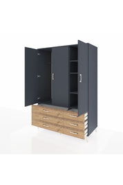 Kronos Dolap 5 Raflı 6 Çekmeceli Tek Askılı 132x59x195 Antrasit-Antrasit/Çam