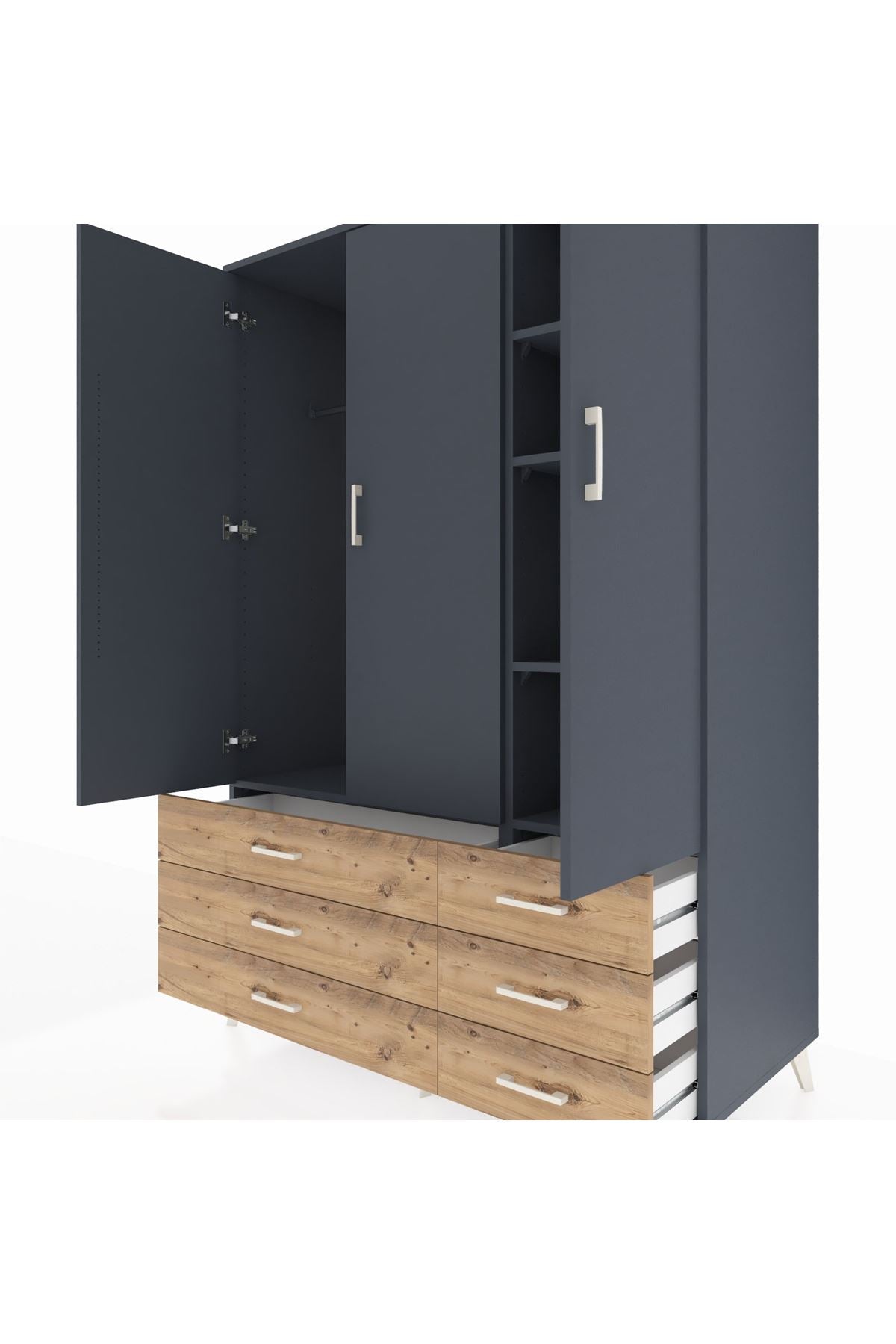 Kronos Dolap 5 Raflı 6 Çekmeceli Tek Askılı 132x59x195 Antrasit-Antrasit/Çam