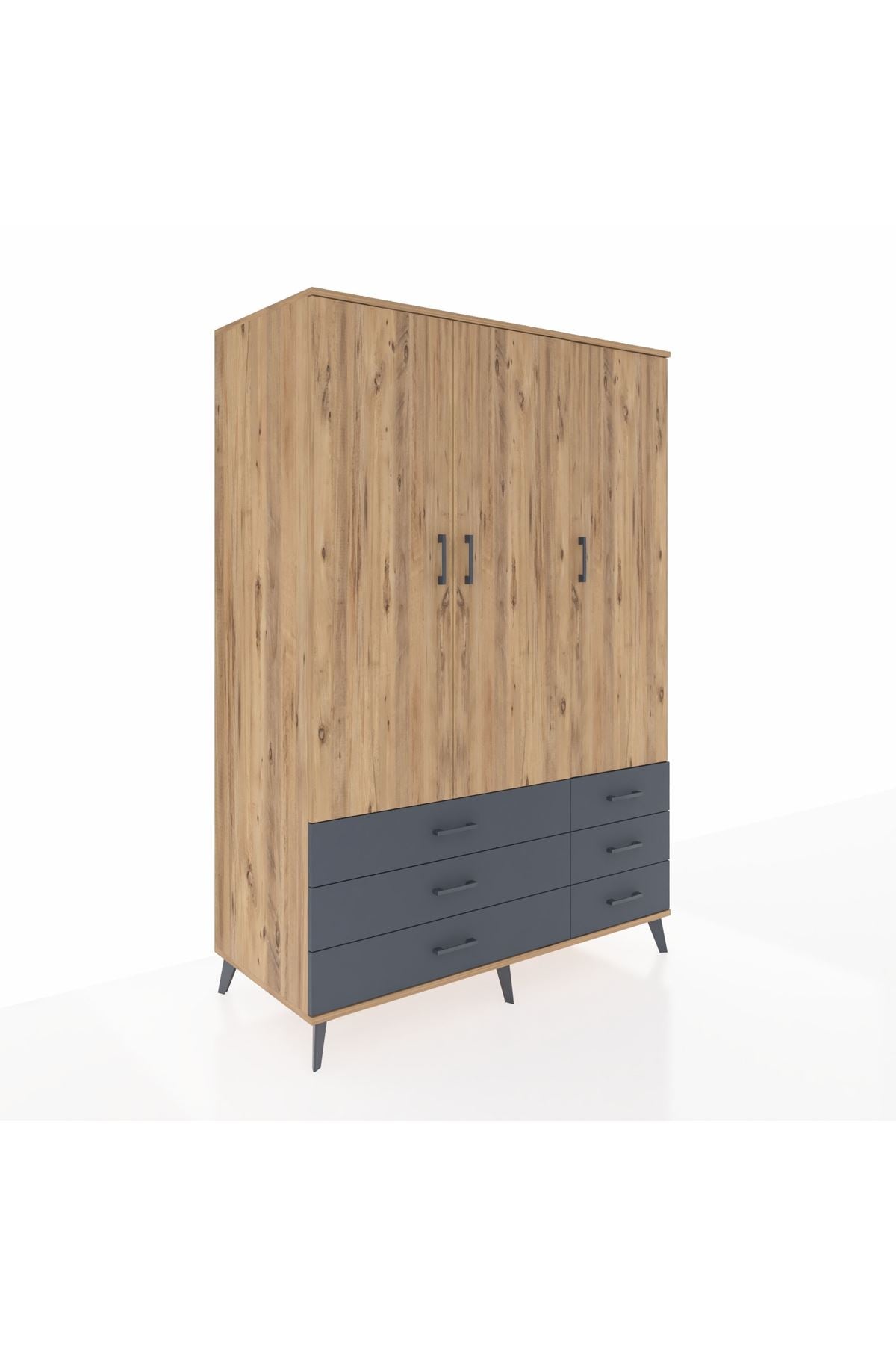 Kronos Dolap 5 Raflı 6 Çekmeceli Tek Askılı 132x59x195 Çam-Çam/Antrasit