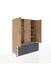 Kronos Dolap 5 Raflı 6 Çekmeceli Tek Askılı 132x59x195 Çam-Çam/Antrasit