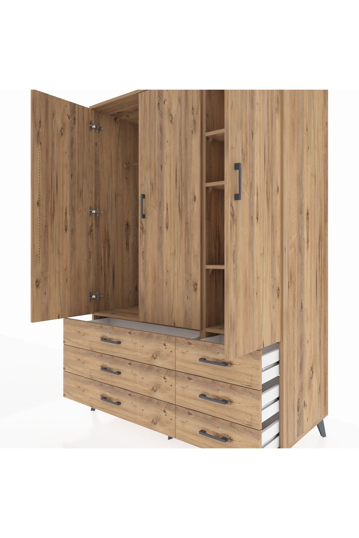 Kronos Dolap 5 Raflı 6 Çekmeceli Tek Askılı 132x59x195 Çam-Çam/Çam