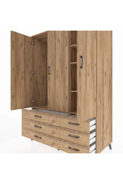 Kronos Dolap 5 Raflı 6 Çekmeceli Tek Askılı 132x59x195 Çam-Çam/Çam