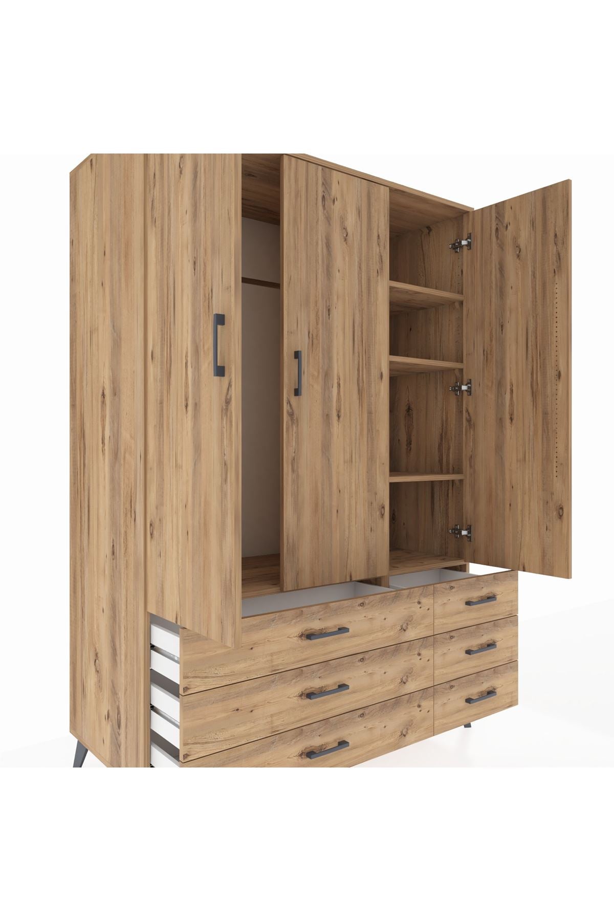 Kronos Dolap 5 Raflı 6 Çekmeceli Tek Askılı 132x59x195 Çam-Çam/Çam