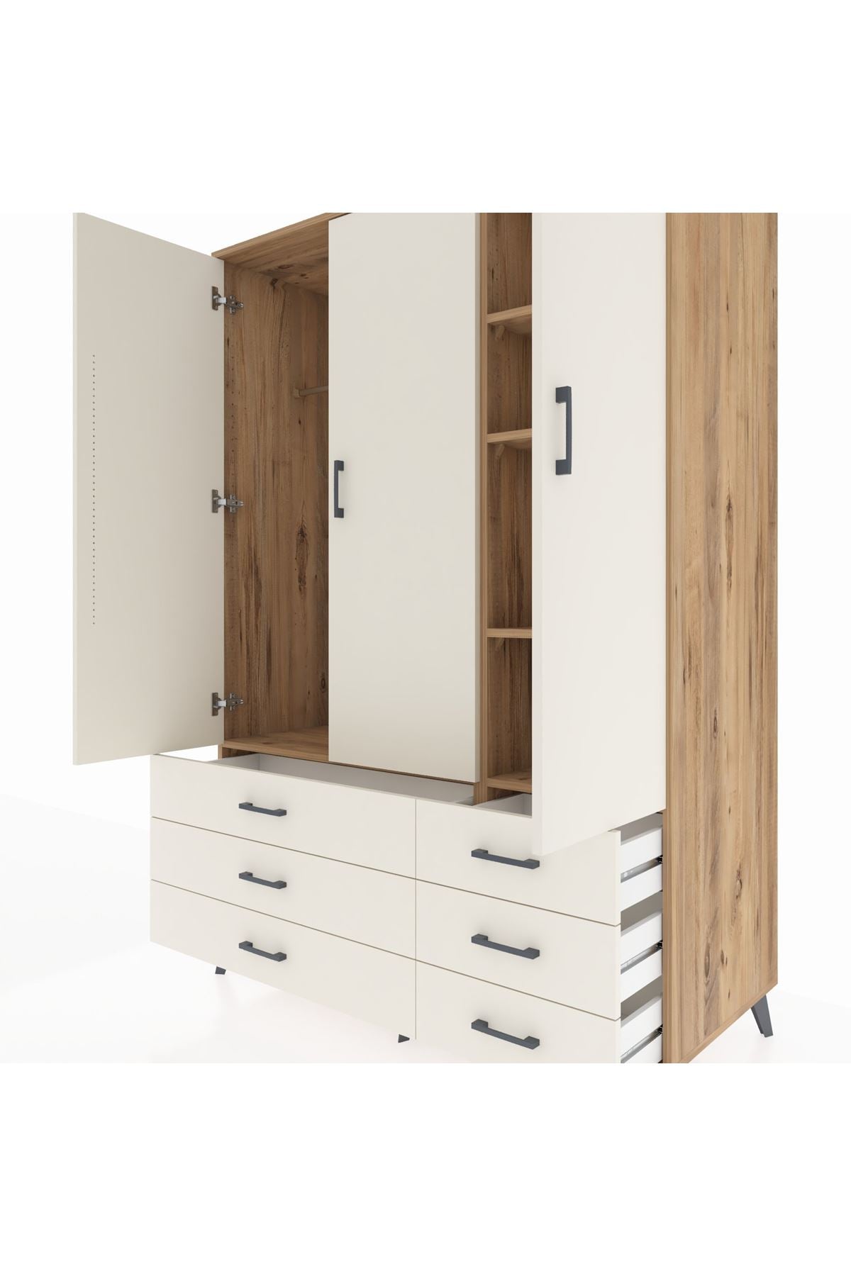 Kronos Dolap 5 Raflı 6 Çekmeceli Tek Askılı 132x59x195 Çam-Aytaşı/Aytaşı