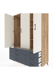 Kronos Dolap 5 Raflı 6 Çekmeceli Tek Askılı 132x59x195 Çam-Aytaşı/Antrasit