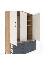 Kronos Dolap 5 Raflı 6 Çekmeceli Tek Askılı 132x59x195 Çam-Aytaşı/Antrasit