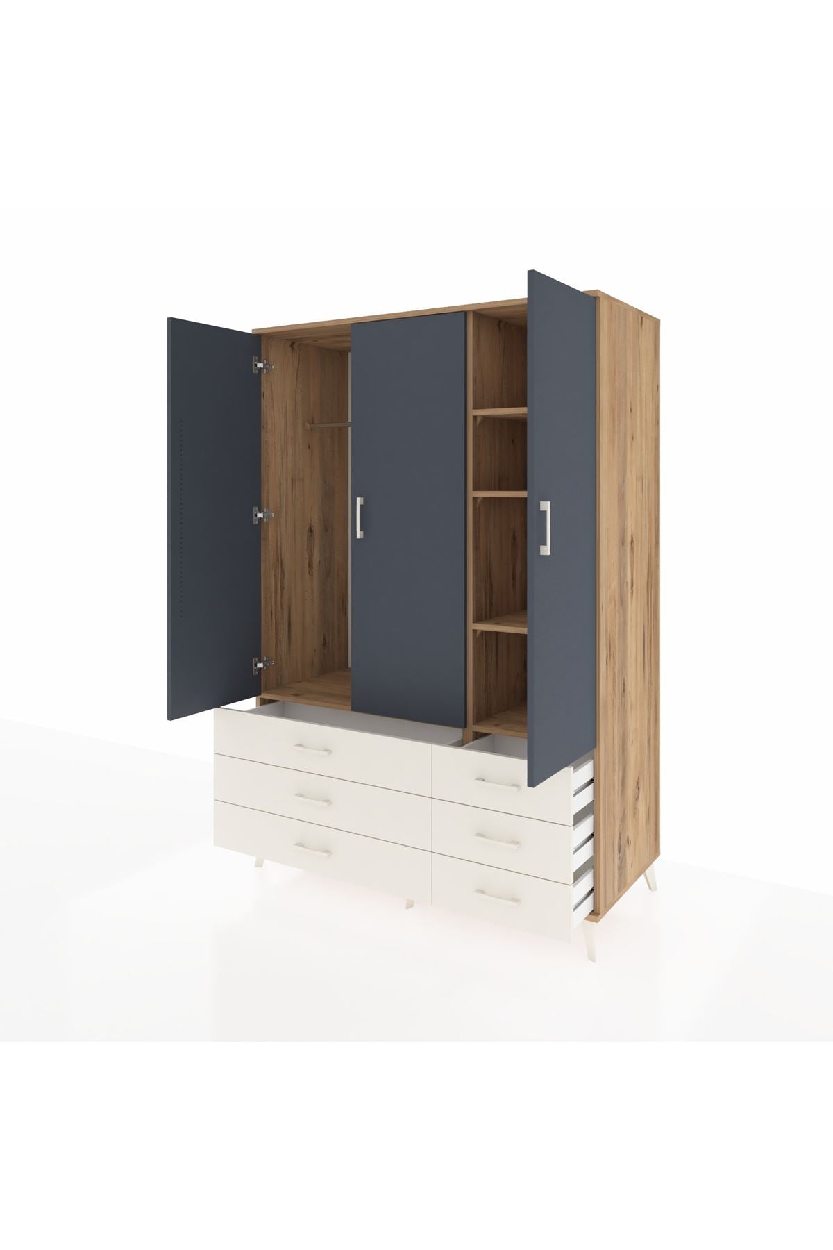 Kronos Dolap 5 Raflı 6 Çekmeceli Tek Askılı 132x59x195 Çam-Antrasit/Aytaşı