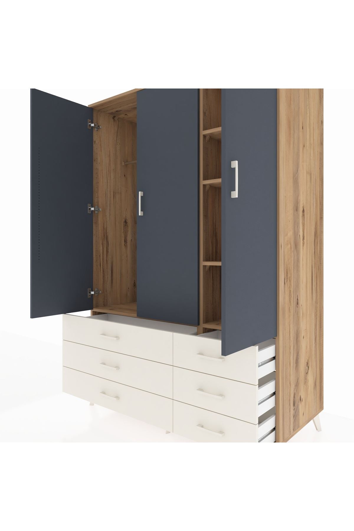 Kronos Dolap 5 Raflı 6 Çekmeceli Tek Askılı 132x59x195 Çam-Antrasit/Aytaşı