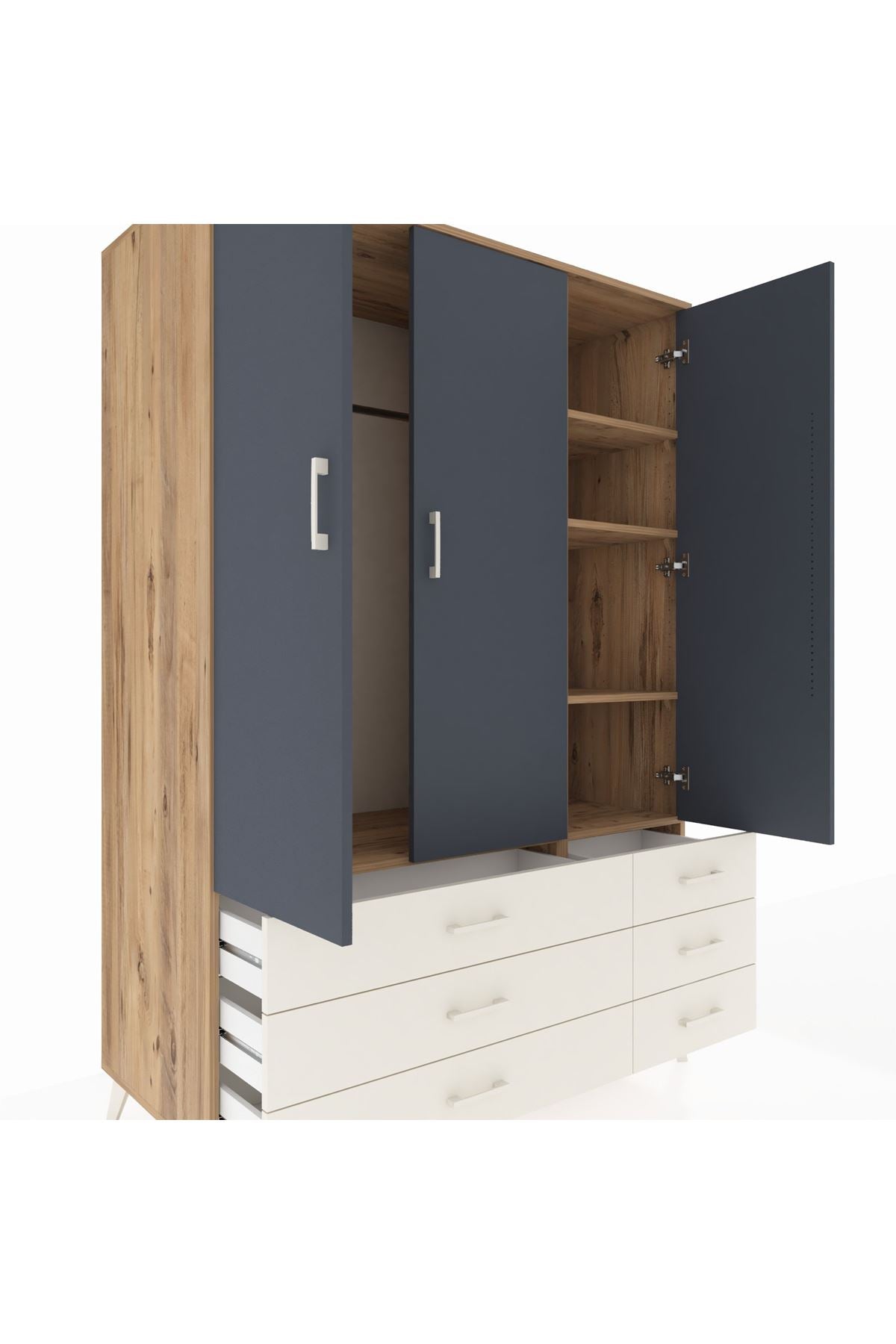 Kronos Dolap 5 Raflı 6 Çekmeceli Tek Askılı 132x59x195 Çam-Antrasit/Aytaşı