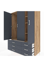 Kronos Dolap 5 Raflı 6 Çekmeceli Tek Askılı 132x59x195 Çam-Antrasit/Antrasit