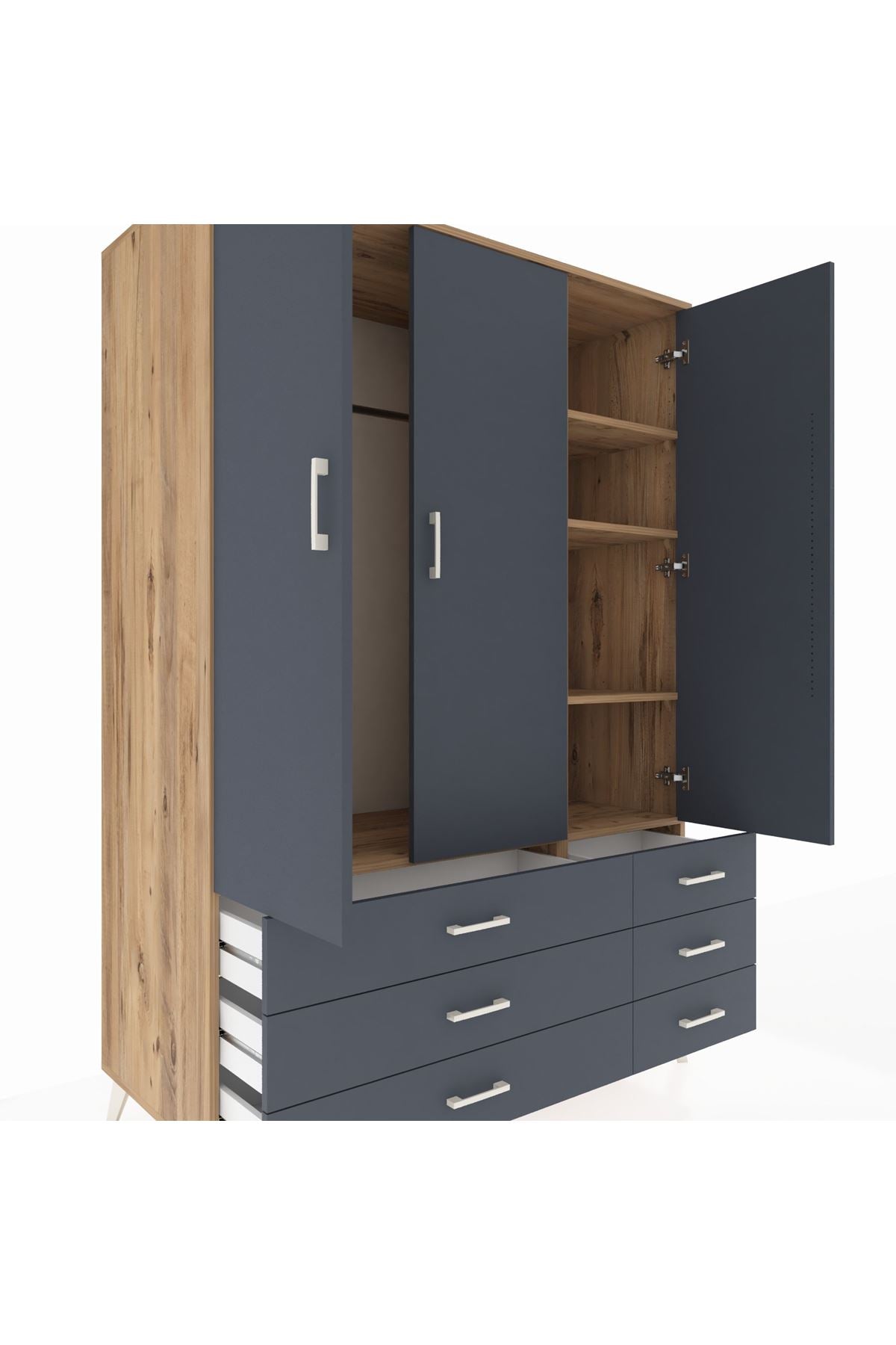 Kronos Dolap 5 Raflı 6 Çekmeceli Tek Askılı 132x59x195 Çam-Antrasit/Antrasit