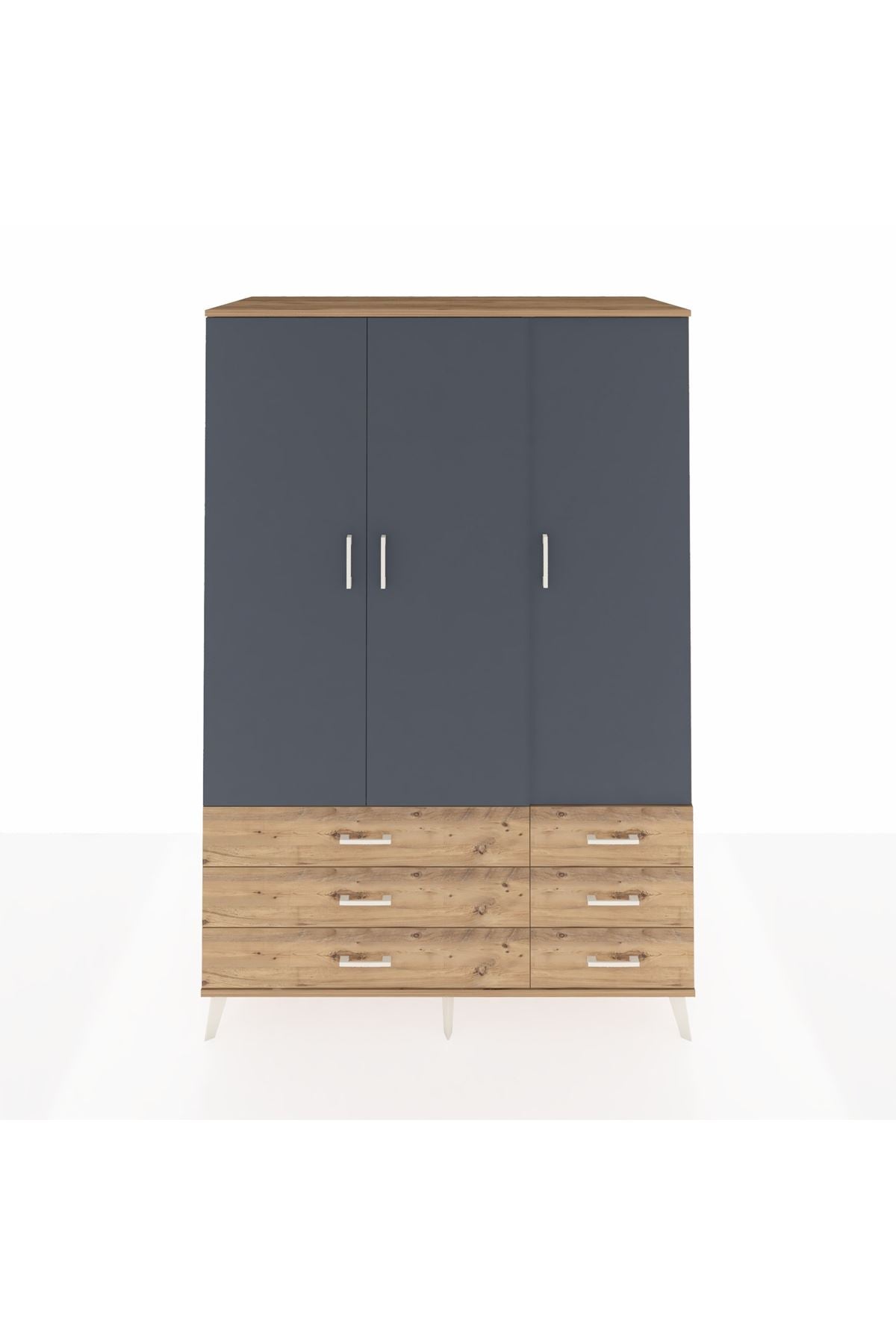 Kronos Dolap 5 Raflı 6 Çekmeceli Tek Askılı 132x59x195 Çam-Antrasit/Çam