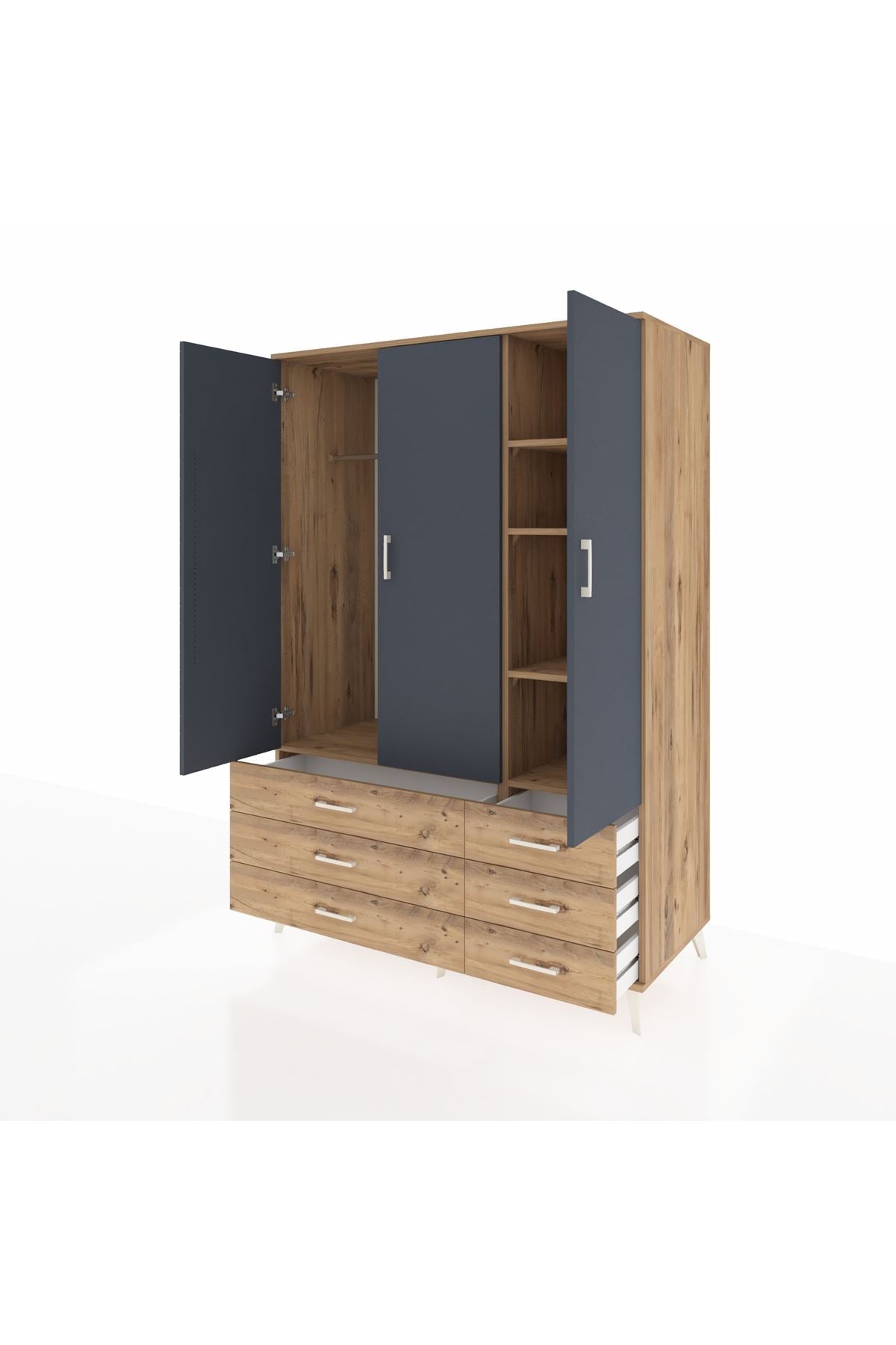 Kronos Dolap 5 Raflı 6 Çekmeceli Tek Askılı 132x59x195 Çam-Antrasit/Çam