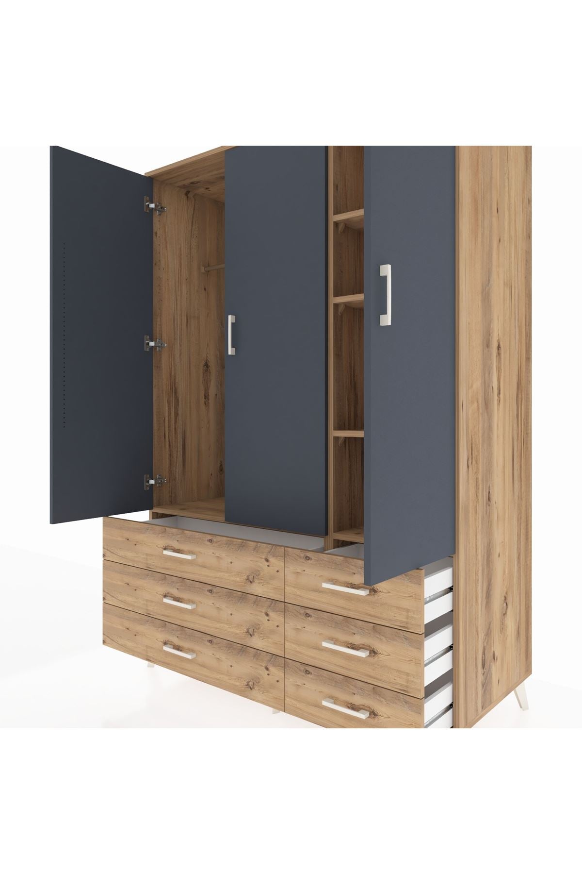 Kronos Dolap 5 Raflı 6 Çekmeceli Tek Askılı 132x59x195 Çam-Antrasit/Çam