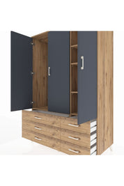 Kronos Dolap 5 Raflı 6 Çekmeceli Tek Askılı 132x59x195 Çam-Antrasit/Çam