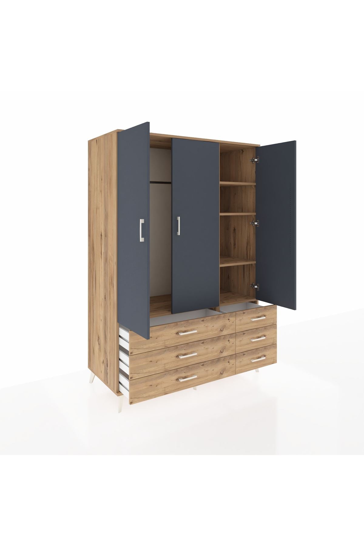 Kronos Dolap 5 Raflı 6 Çekmeceli Tek Askılı 132x59x195 Çam-Antrasit/Çam