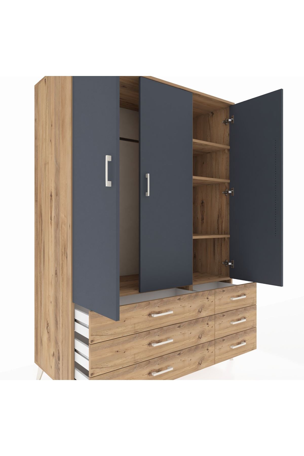 Kronos Dolap 5 Raflı 6 Çekmeceli Tek Askılı 132x59x195 Çam-Antrasit/Çam