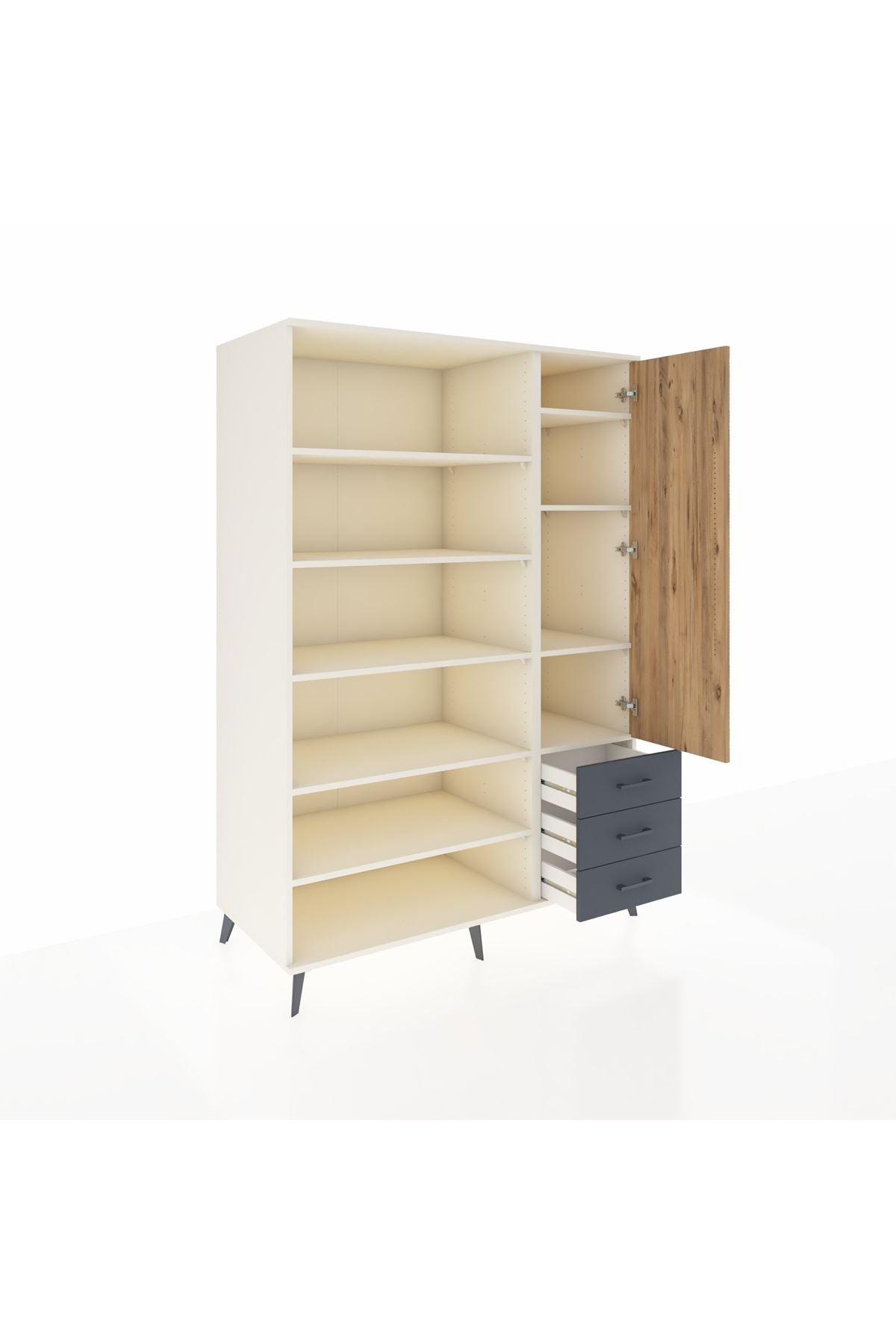 Kronos Dolap 9 Raflı 3 Çekmeceli Tek Kapaklı 132x59x195 Aytaşı-Çam/Antrasit