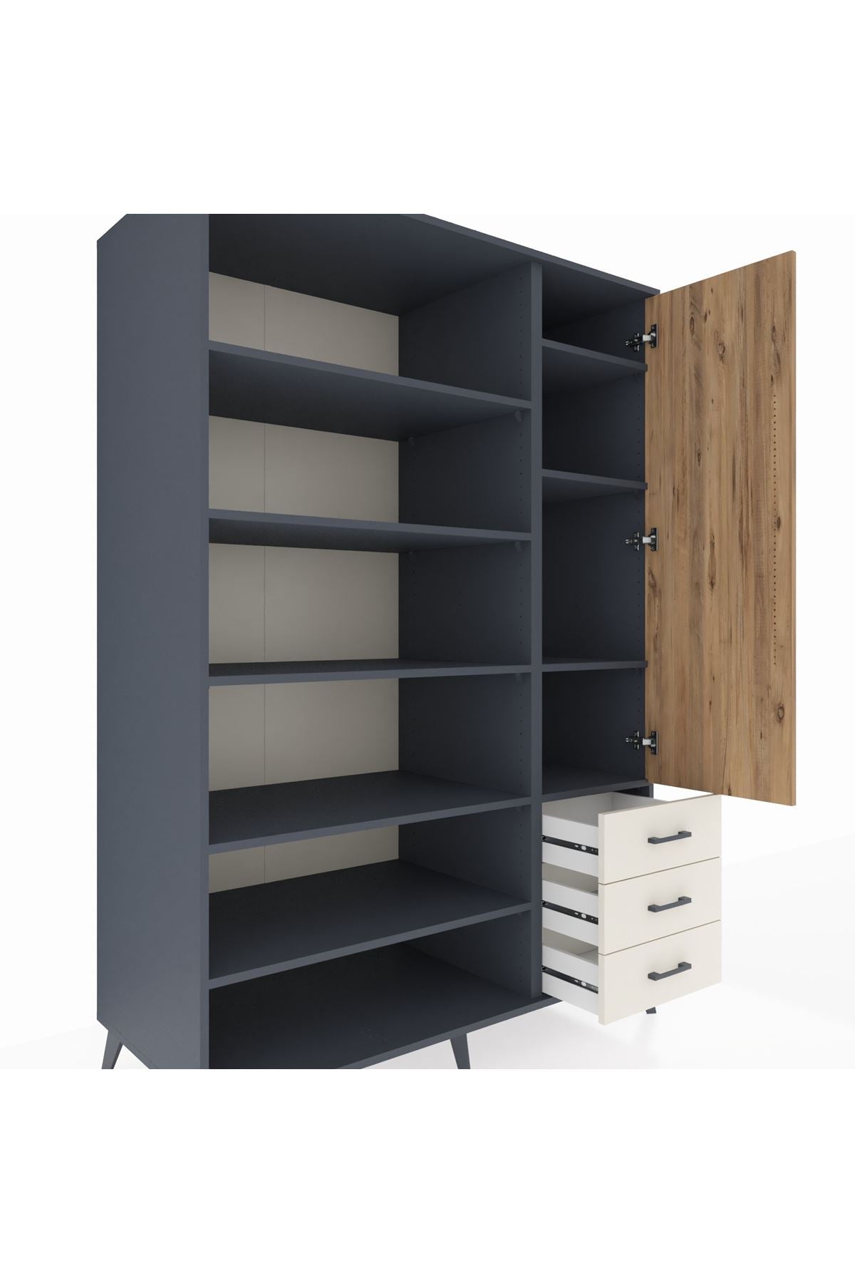 Kronos Dolap 9 Raflı 3 Çekmeceli Tek Kapaklı 132x59x195 Antrasit-Çam/Aytaşı