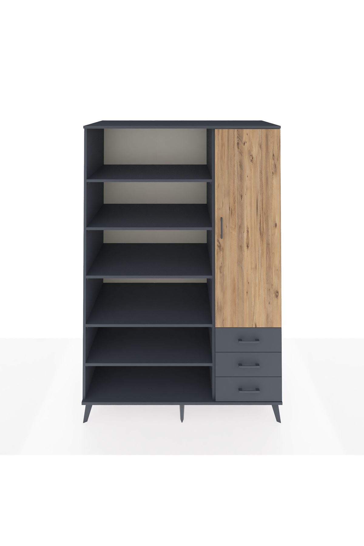 Kronos Dolap 9 Raflı 3 Çekmeceli Tek Kapaklı 132x59x195 Antrasit-Çam/Antrasit