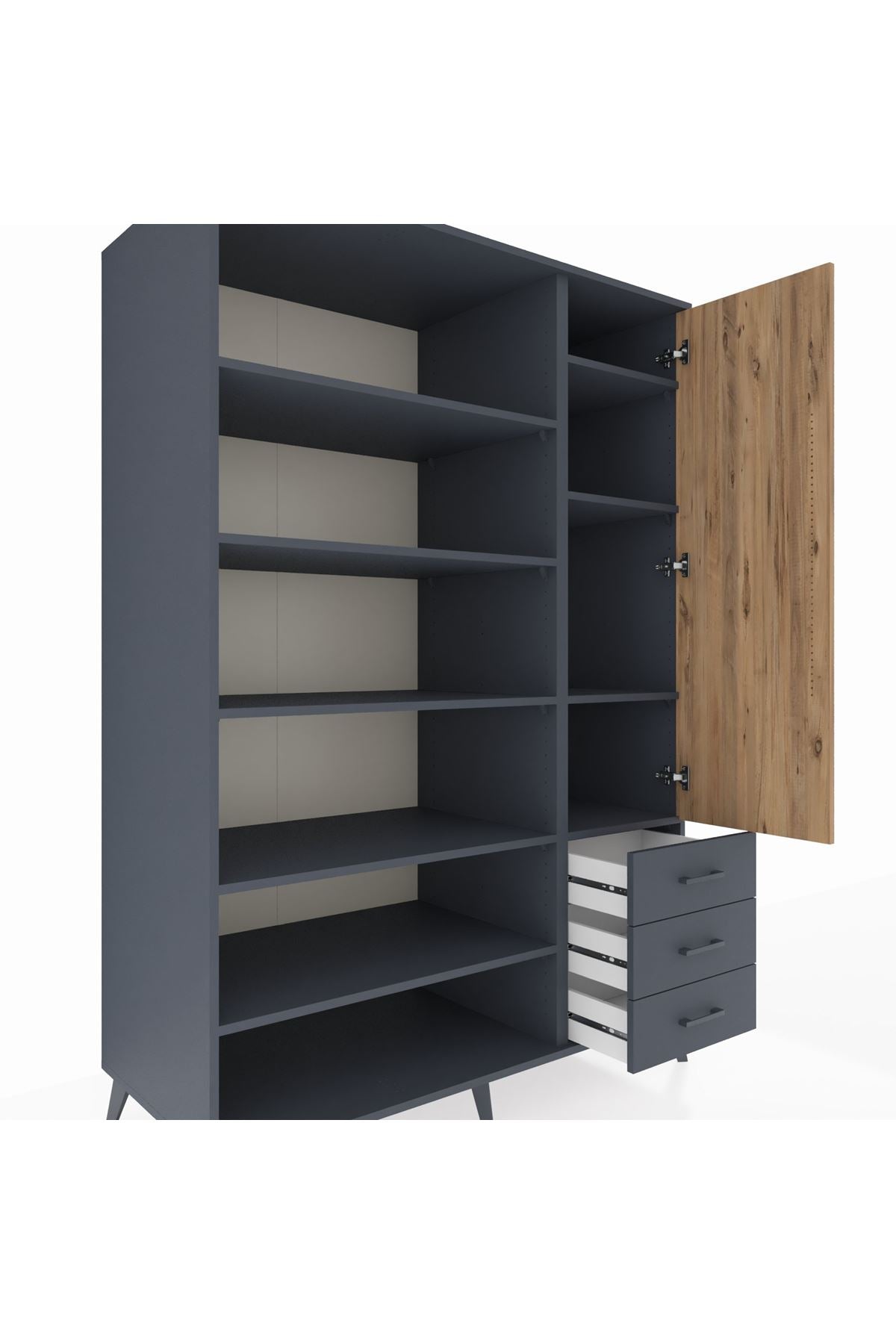 Kronos Dolap 9 Raflı 3 Çekmeceli Tek Kapaklı 132x59x195 Antrasit-Çam/Antrasit