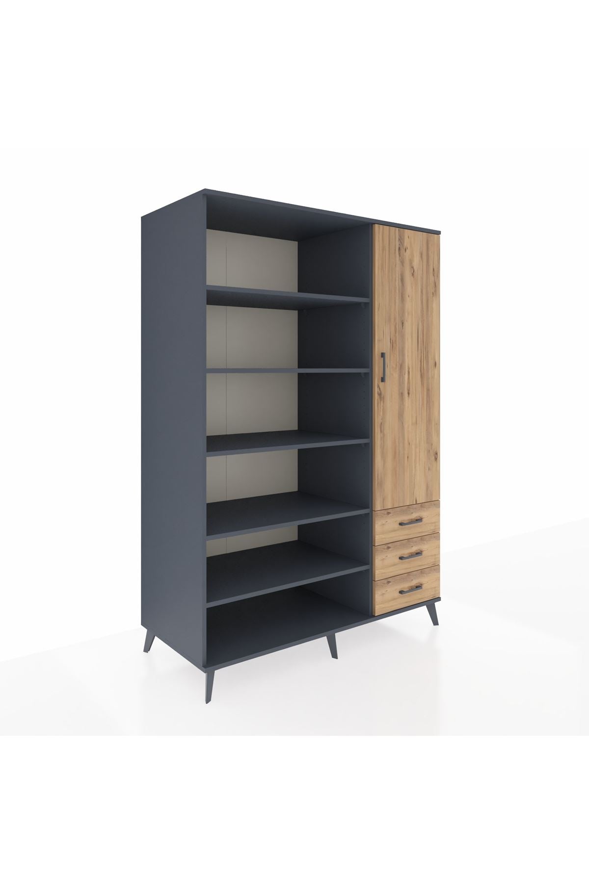 Kronos Dolap 9 Raflı 3 Çekmeceli Tek Kapaklı 132x59x195 Antrasit-Çam/Çam