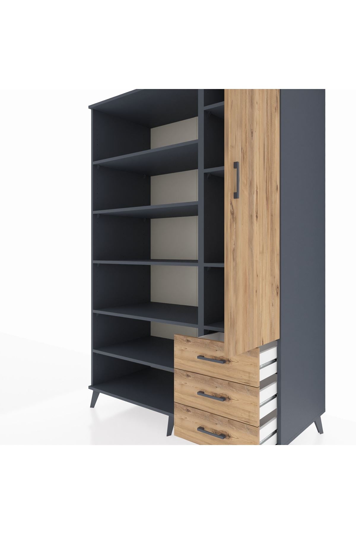 Kronos Dolap 9 Raflı 3 Çekmeceli Tek Kapaklı 132x59x195 Antrasit-Çam/Çam