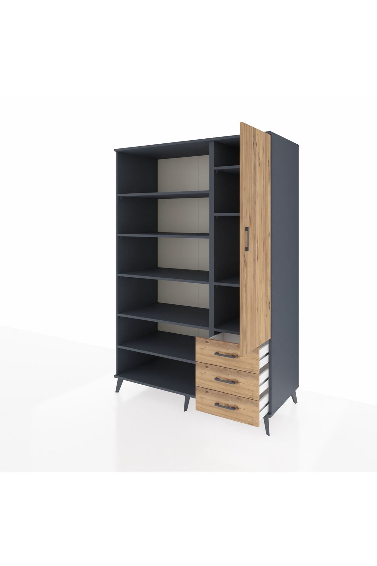 Kronos Dolap 9 Raflı 3 Çekmeceli Tek Kapaklı 132x59x195 Antrasit-Çam/Çam