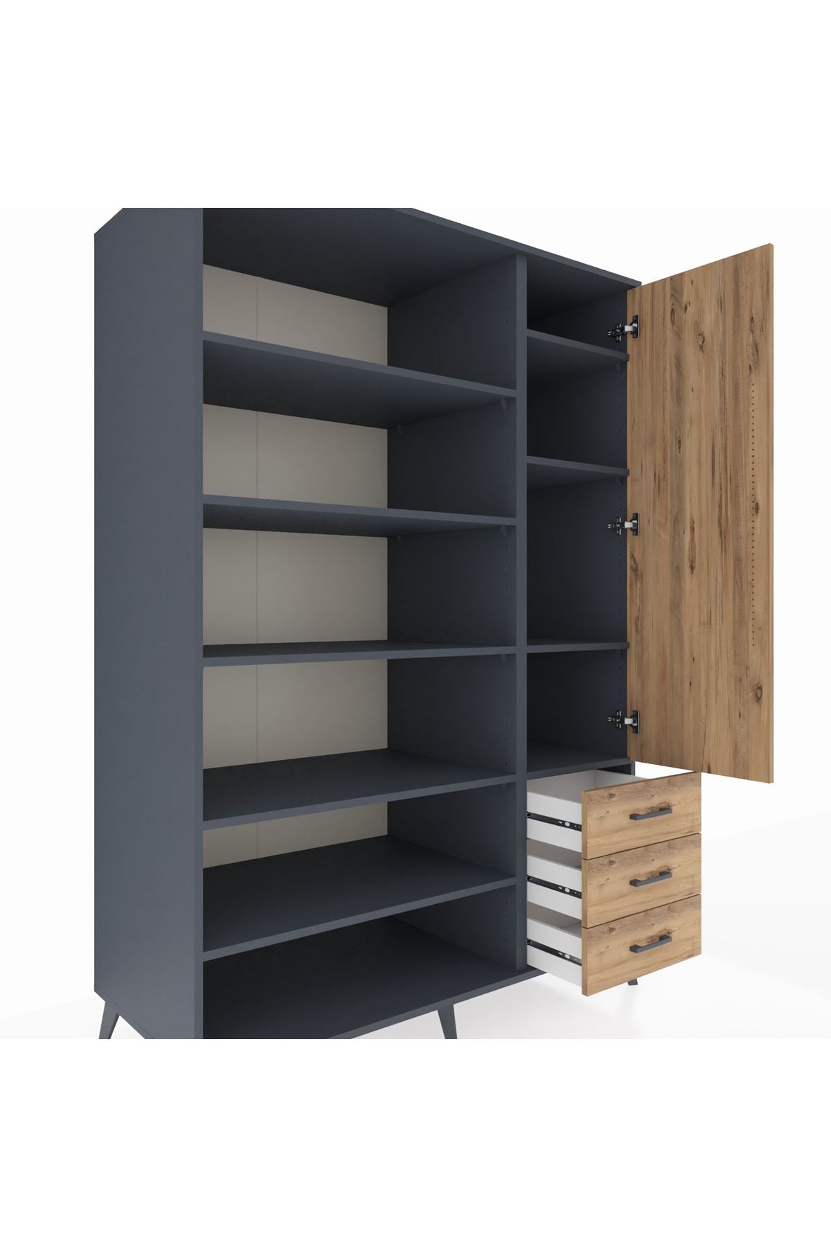 Kronos Dolap 9 Raflı 3 Çekmeceli Tek Kapaklı 132x59x195 Antrasit-Çam/Çam