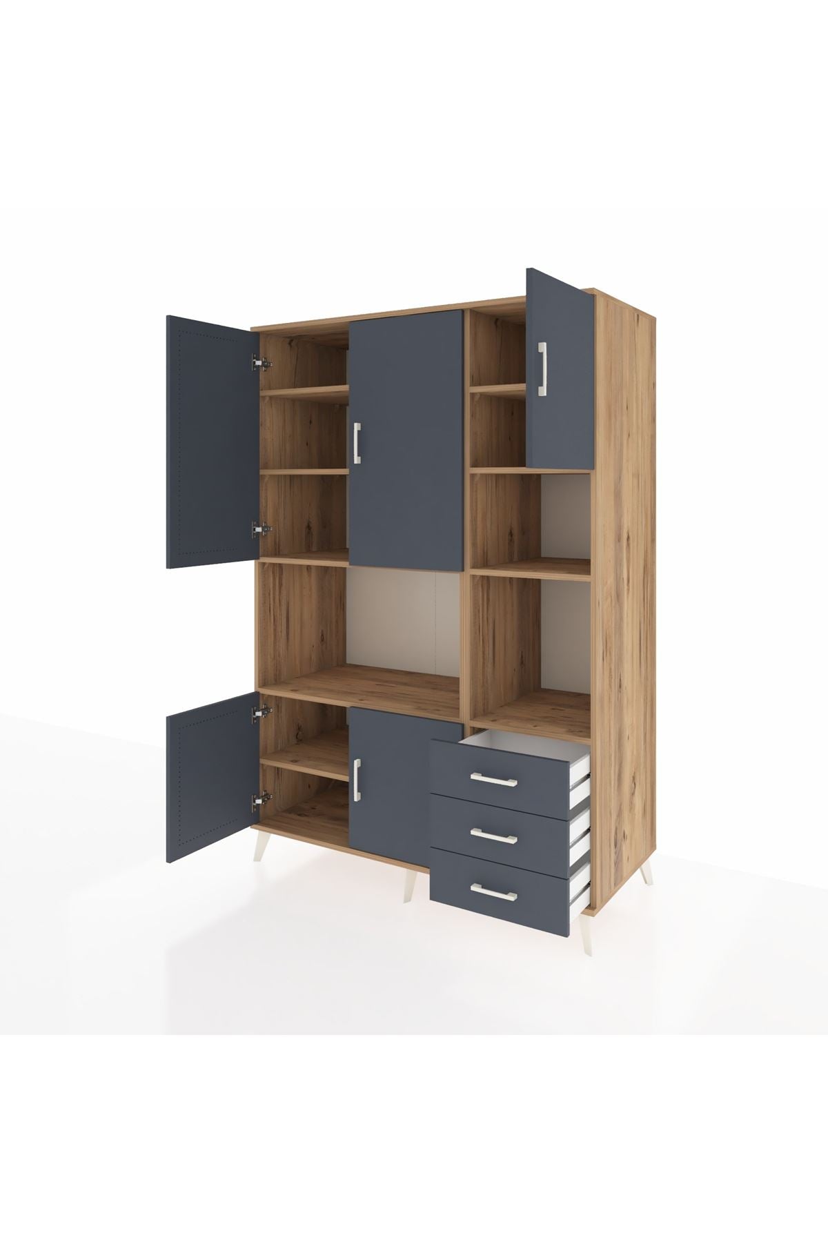 Kronos Dolap 9 Raflı 3 Çekmeceli 5 Kapaklı 132x59x195 Çam-Antrasit/Antrasit