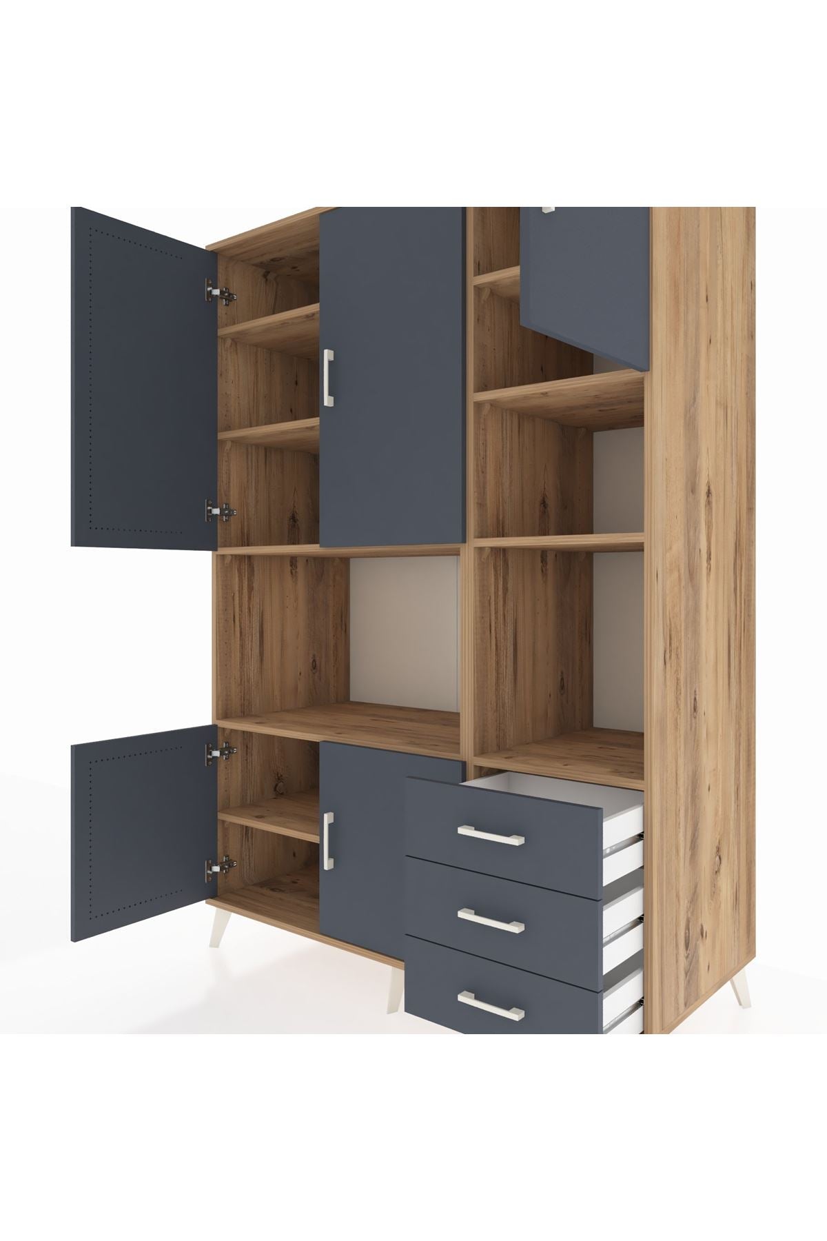 Kronos Dolap 9 Raflı 3 Çekmeceli 5 Kapaklı 132x59x195 Çam-Antrasit/Antrasit