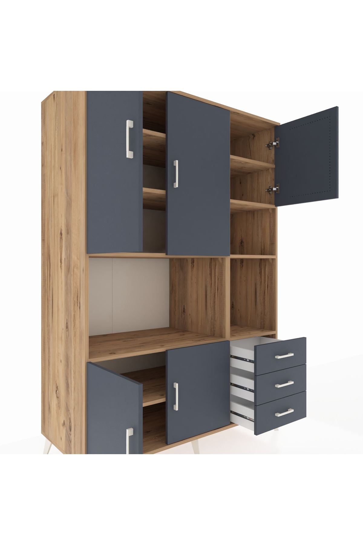 Kronos Dolap 9 Raflı 3 Çekmeceli 5 Kapaklı 132x59x195 Çam-Antrasit/Antrasit