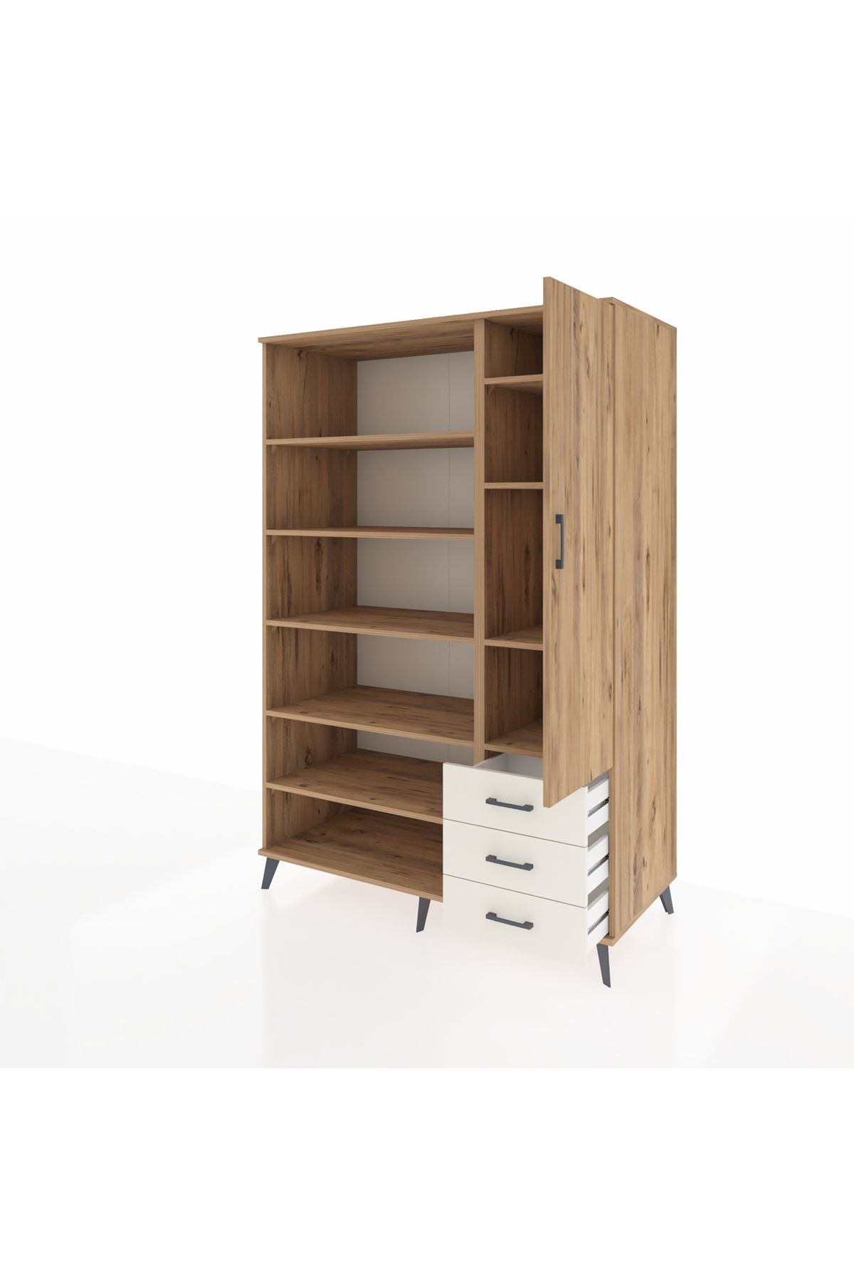 Kronos Dolap 9 Raflı 3 Çekmeceli Tek Kapaklı  132x59x195 Çam-Çam/Aytaşı