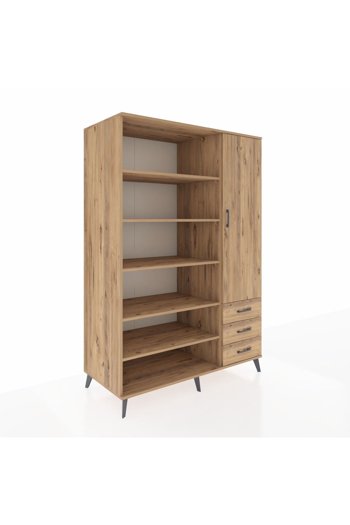 Kronos Dolap 9 Raflı 3 Çekmeceli Tek Kapaklı  132x59x195 Çam-Çam/Çam