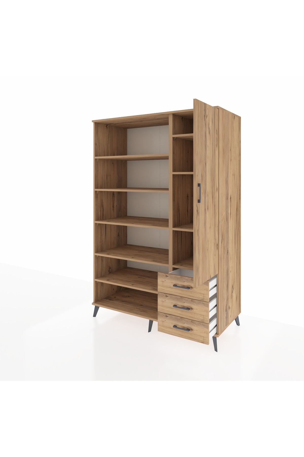 Kronos Dolap 9 Raflı 3 Çekmeceli Tek Kapaklı  132x59x195 Çam-Çam/Çam