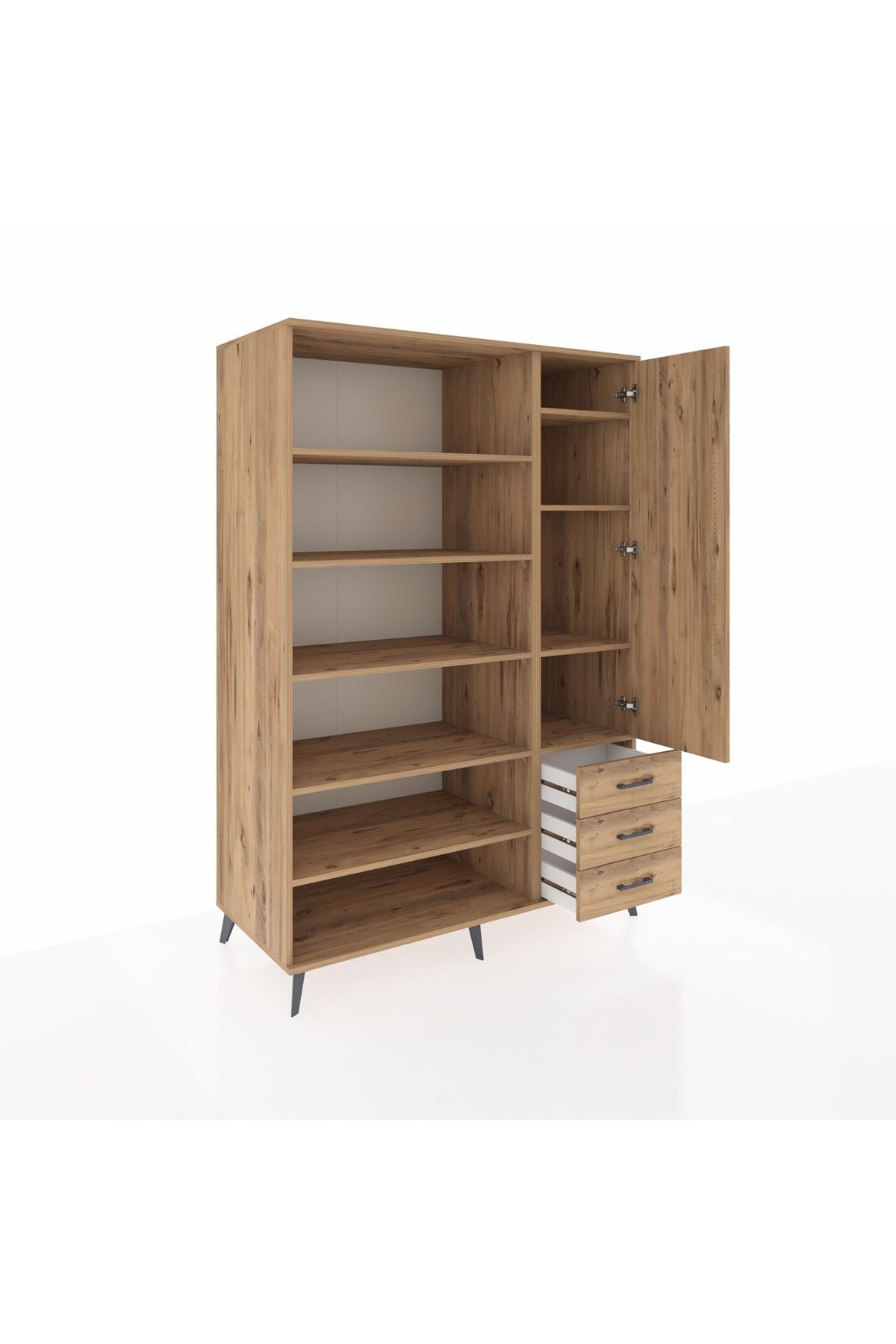 Kronos Dolap 9 Raflı 3 Çekmeceli Tek Kapaklı  132x59x195 Çam-Çam/Çam