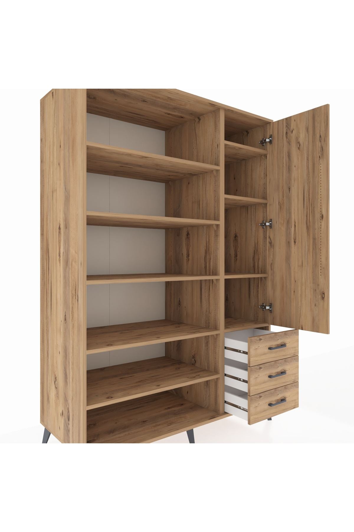 Kronos Dolap 9 Raflı 3 Çekmeceli Tek Kapaklı  132x59x195 Çam-Çam/Çam