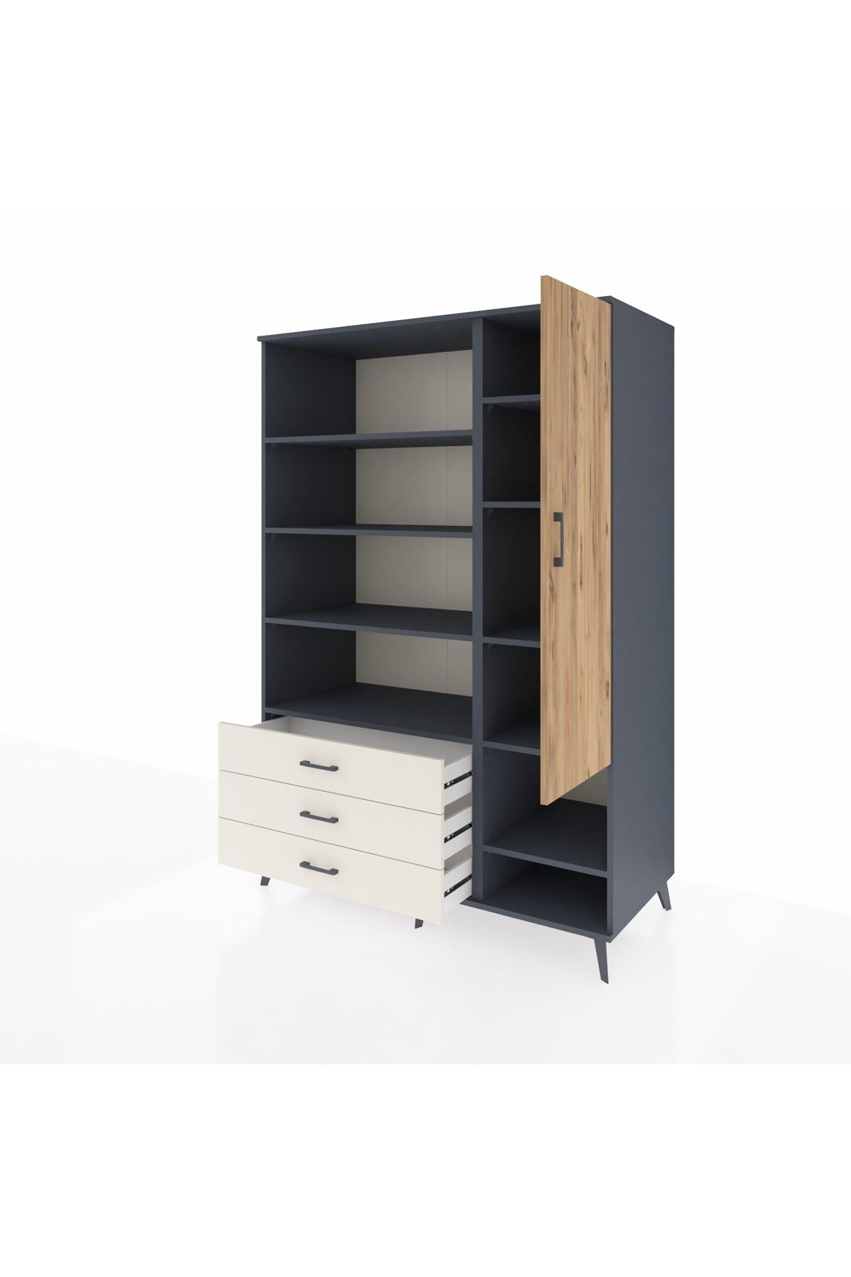Kronos Dolap 9 Raflı 3 Çekmeceli Tek Kapaklı  132x59x195 Antrasit-Çam/Aytaşı