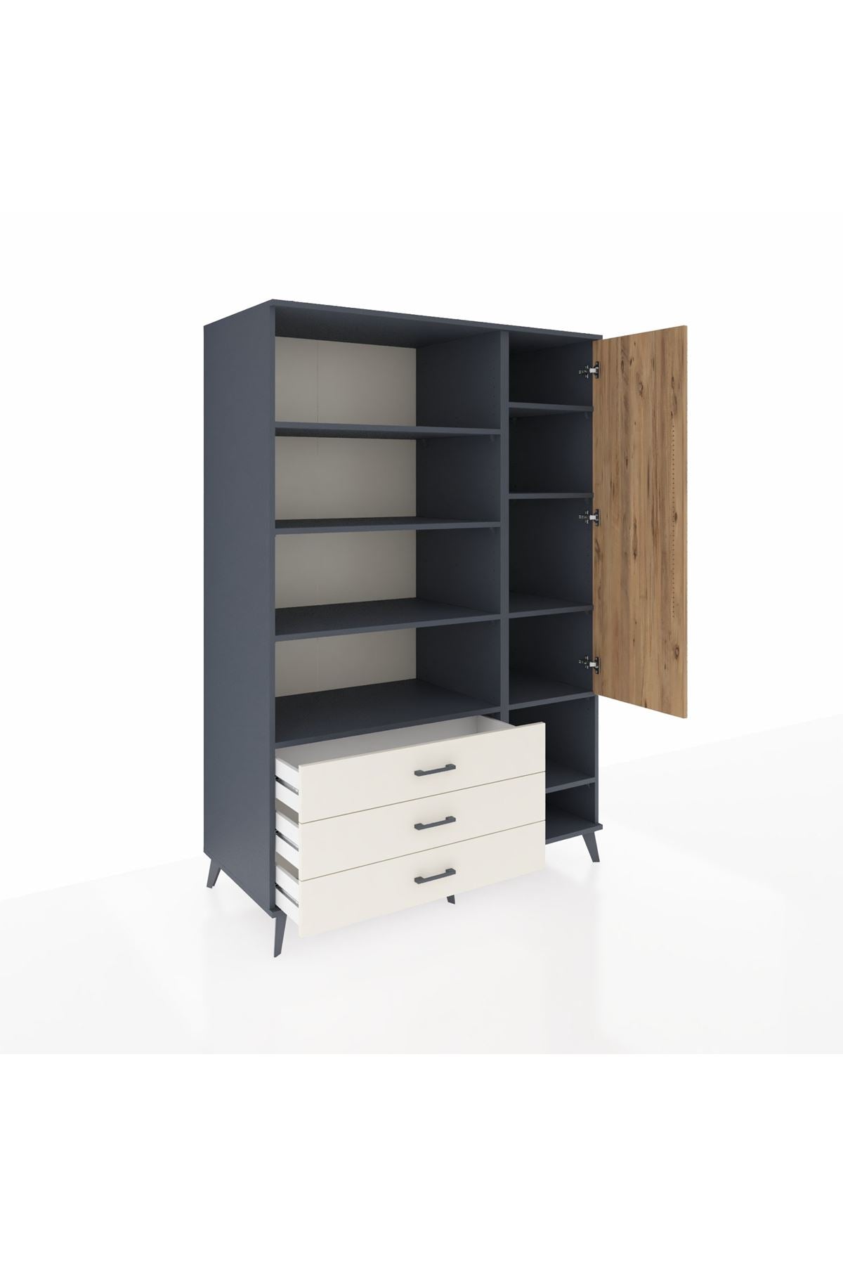 Kronos Dolap 9 Raflı 3 Çekmeceli Tek Kapaklı  132x59x195 Antrasit-Çam/Aytaşı