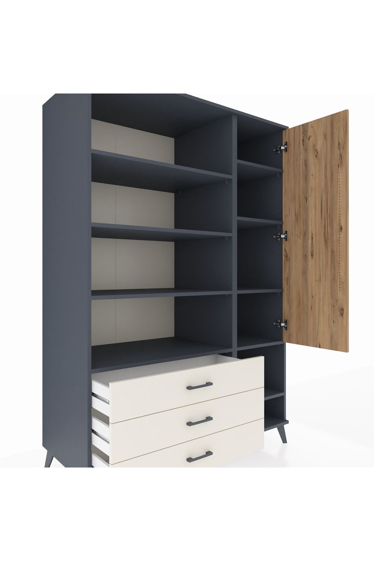 Kronos Dolap 9 Raflı 3 Çekmeceli Tek Kapaklı  132x59x195 Antrasit-Çam/Aytaşı
